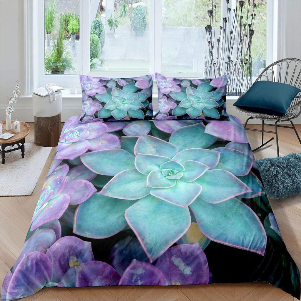 Succulents Bedding Set, Exotic Flower Duvet Cover Twin Size For Kids Boys Girls, Branches Leaf Floral Polyester Comforter Cover