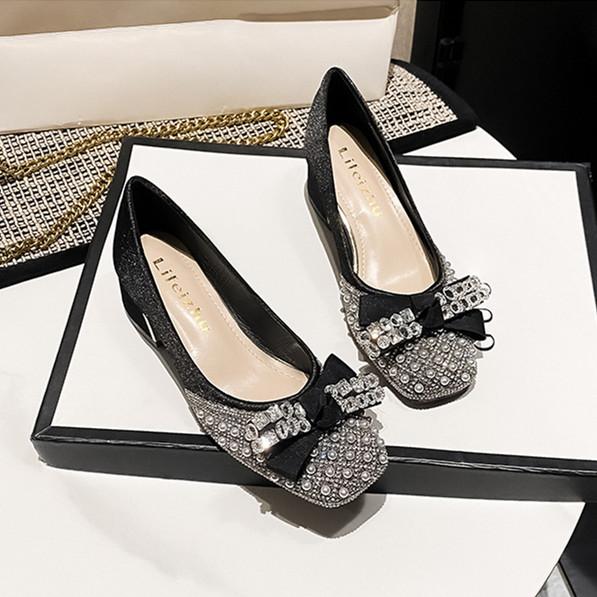 Size 35-43 Women Wedding Pumps Med Heel Square Toe Office Lady Shoes Pearls Diamonds Bowknot Decoration Party Shoes