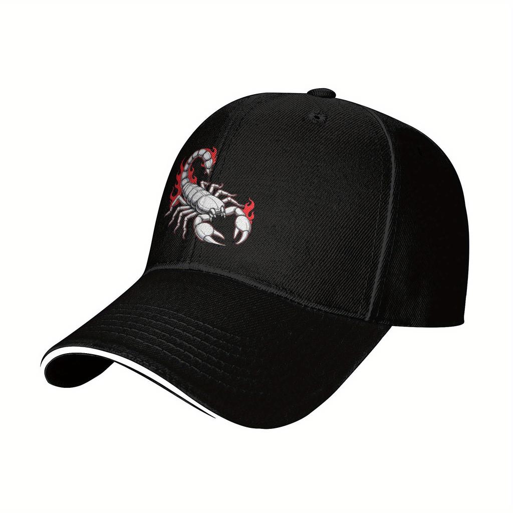 Mens Polyester Baseball Cap  Y2K Retro Kpop Rock Style  Scorpion Graphic with Red  White Accents  Snapback Closure