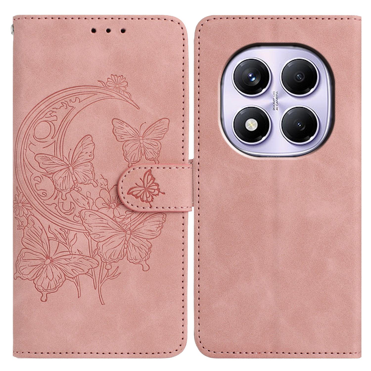 

For Xiaomi Redmi Note 14 Pro 5G/Poco X7 5G Case Butterfly Flower Imprinted PU Leather Wallet Stand Phone Cover Rose Gold