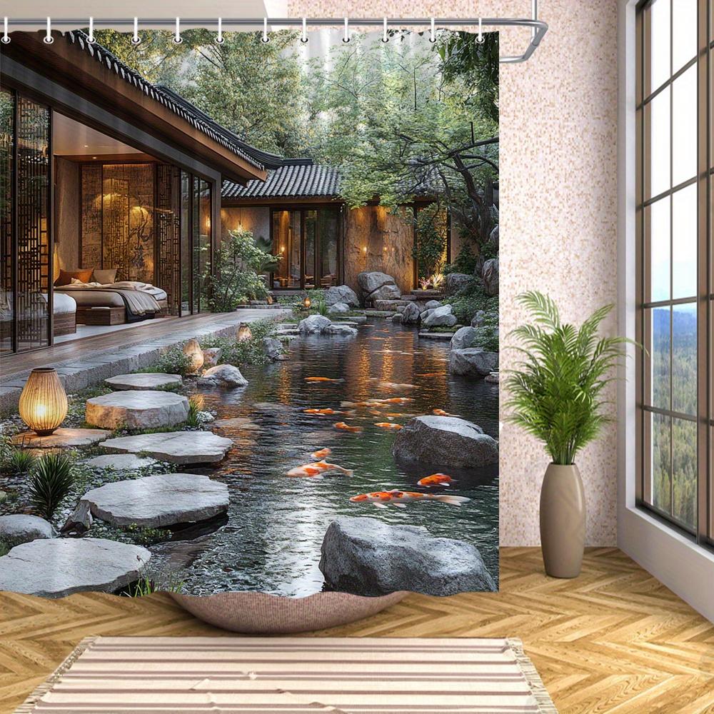 Pandara Jewelry Serene Japanese Garden Shower Curtain - Polyester, Traditional Wooden House & Koi Pond Design With Lanterns, 12 Hooks Included