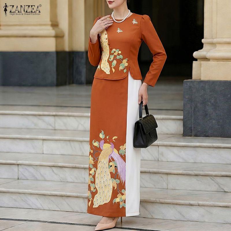 ZANZEA Women 3/4 Sleeve Blouse and Long Skirts Elegant Casual Two Piece Sets