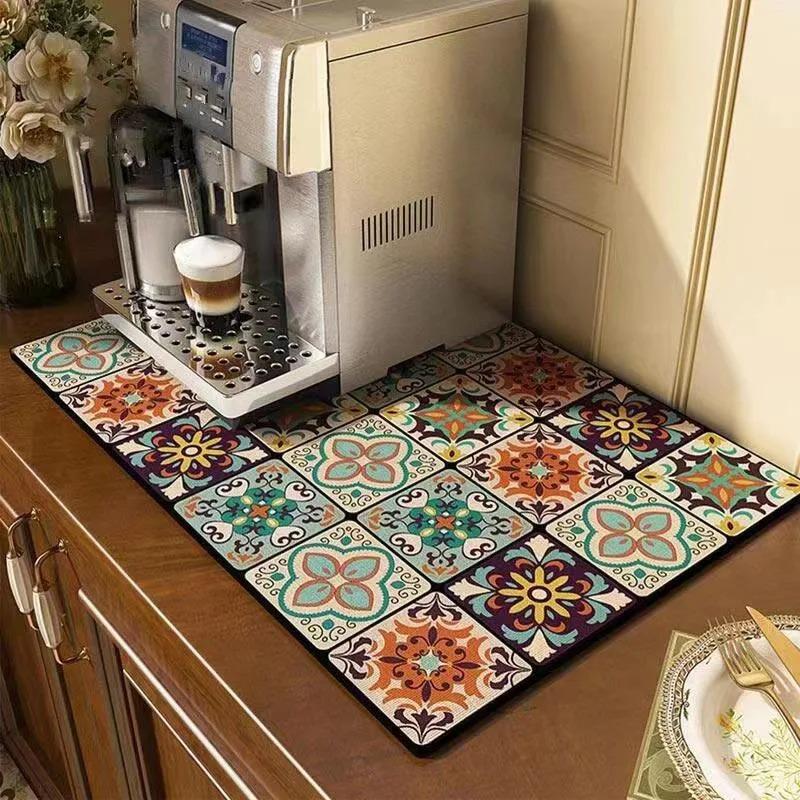 Classical Floral Diatomaceous Earth Coffee Machine Mat Kitchen Bar Absorbent Drainage Mat Thermal Insulation Dish Drying Mat