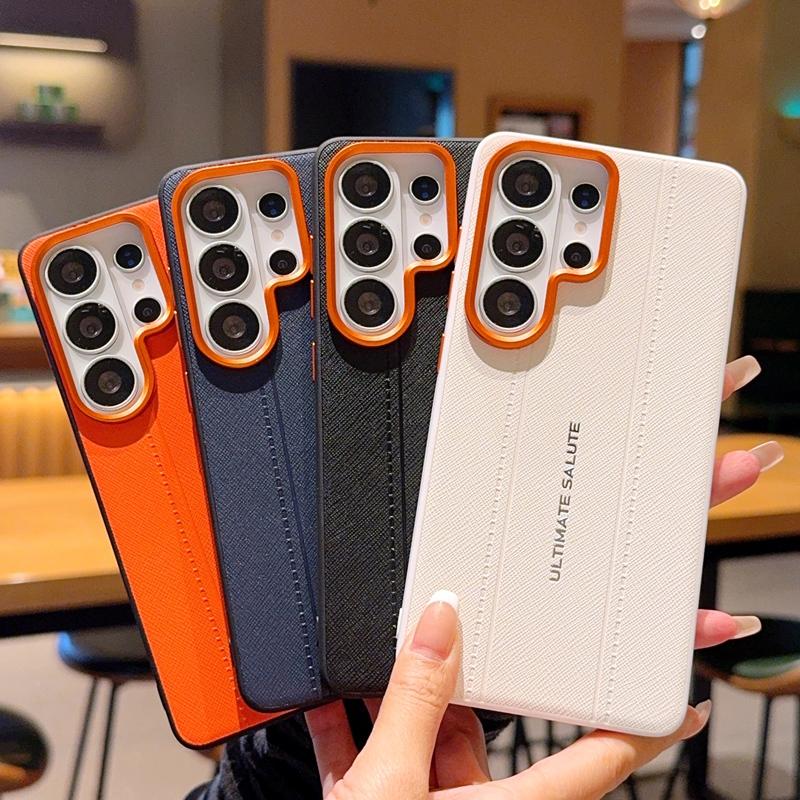 Luxus-Design-Hülle mit Kreuztextur-Leder für Samsung Galaxy S26 S25 Plus Edge Ultra Slim Orange Kamera-Ring Stoßfeste Abdeckung