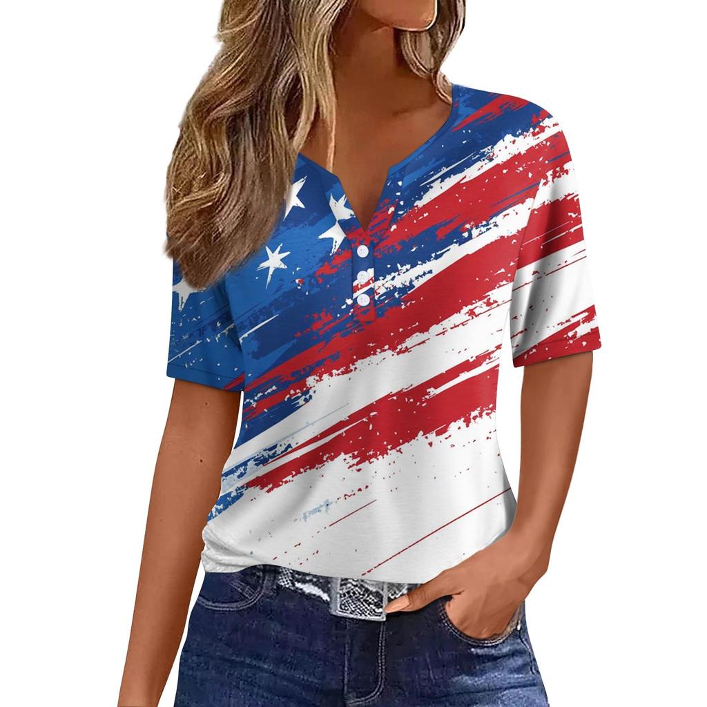 Women's Fashion Casual Independence Day Printed V-Neck Short Sleeve Button Top