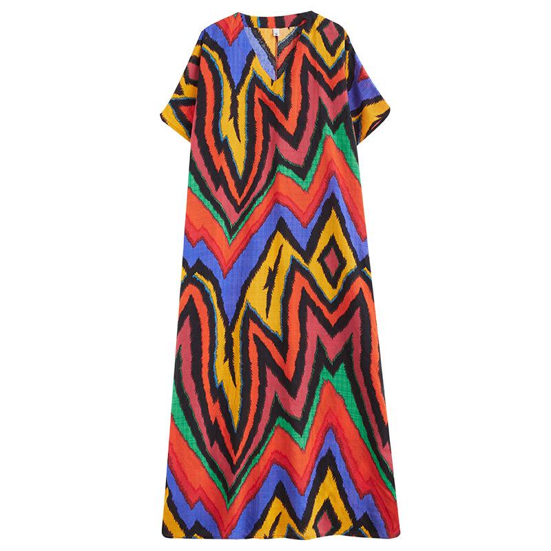 Summer Thin Cotton Linen Print V-neck Loose Oversized Simple Casual Vacation Style Medium Long Dress for Women Dresses