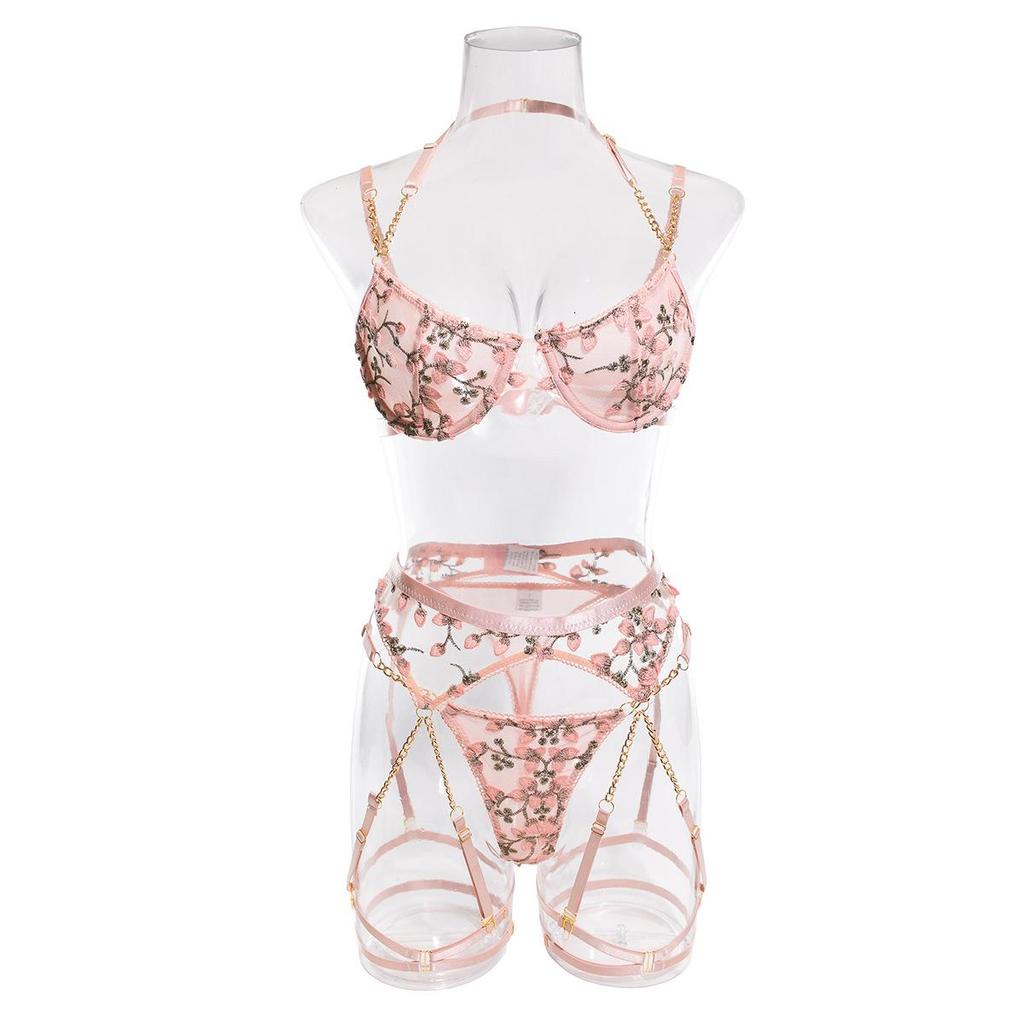 European and American Embroidered Floral Sheer Sexy Lingerie Bra Set