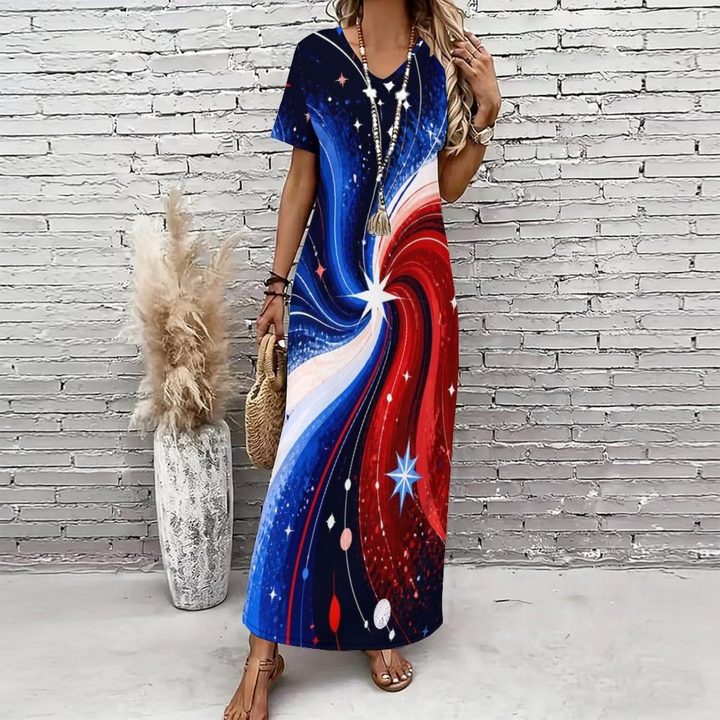Women Plus Size V Neck Short Sleeve American Eagle Flag Printed Straight Maxi Dress