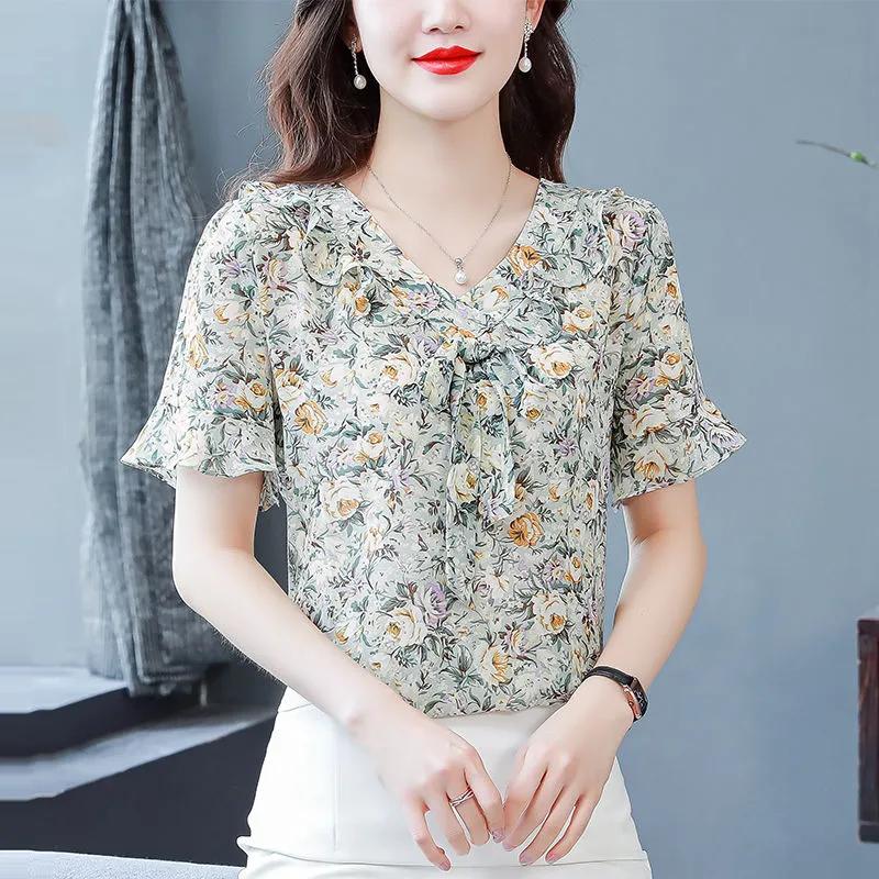 Summer Women s Floral V Neck Bow Tie Short Sleeve Ruffle Blouse M жёлтый