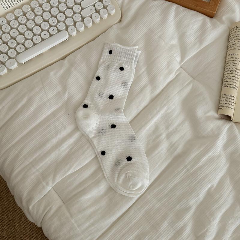 

Хлопковые носки с цветными блоками и горошком с подвернутым краем для летних девочек, сетчатые махровые носки с вырезами, универсальный школьный стиль 1 pair белый