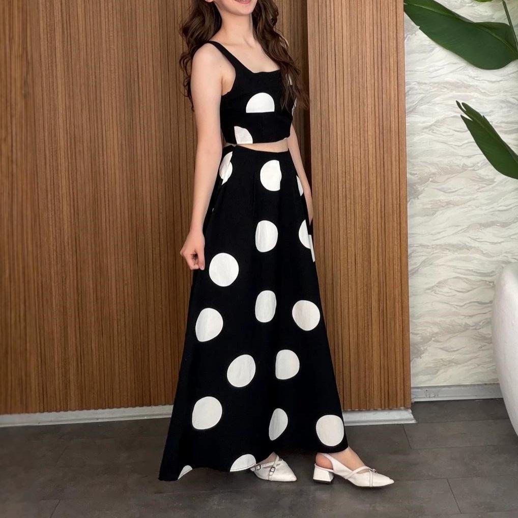  European and  women's clothing new big polka dot suspender short top high waist wide pendulum long skirt temperament set