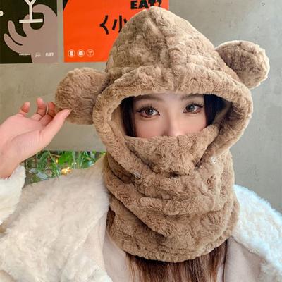 Touca de Urso de Pelúcia com Orelhas, Conjunto de Gorros Skullies com Máscara Espessa, Chapéu Balaclava Kawaii, Feminino/Meninas