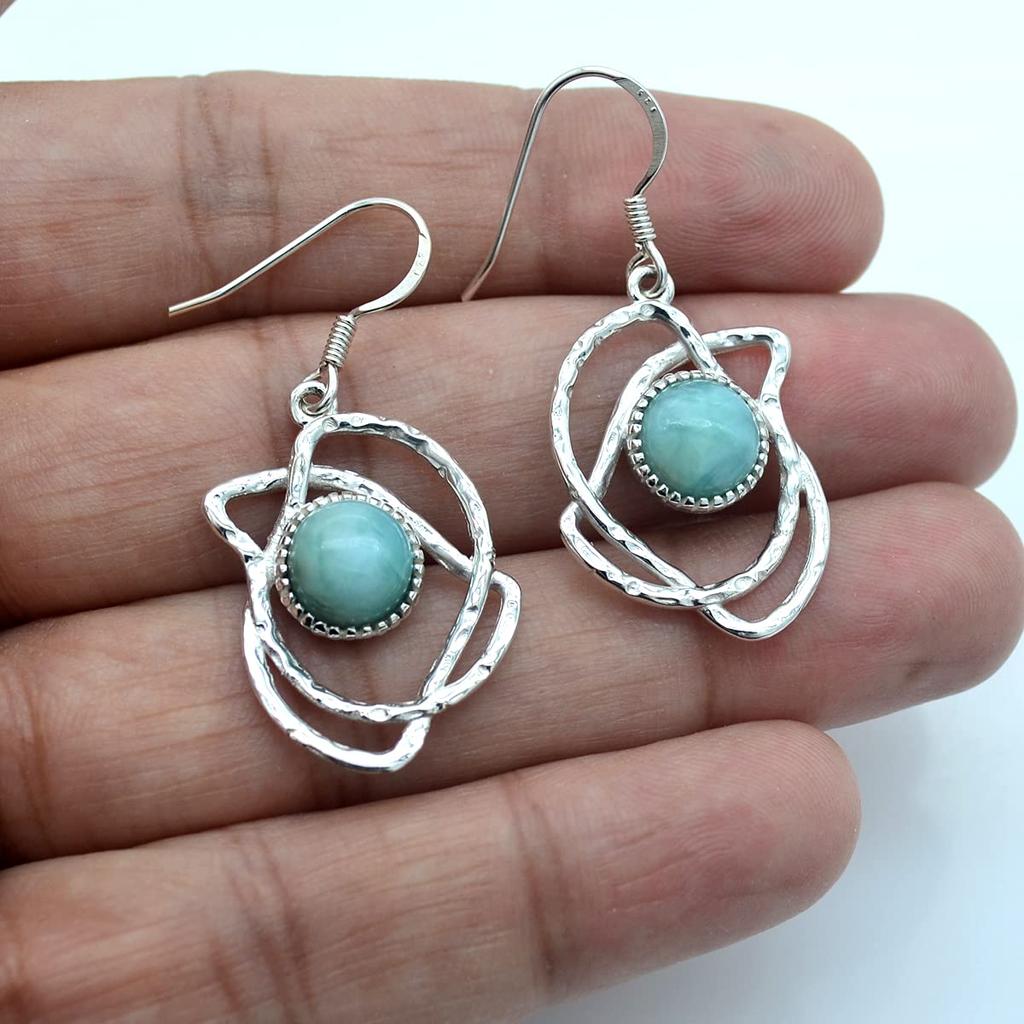 Round Shaped Natural Larimar (5.04 Cts) Solid 925 Sterling Silver Gemstone Dangling Earrings Jewelry For Women or Girls
