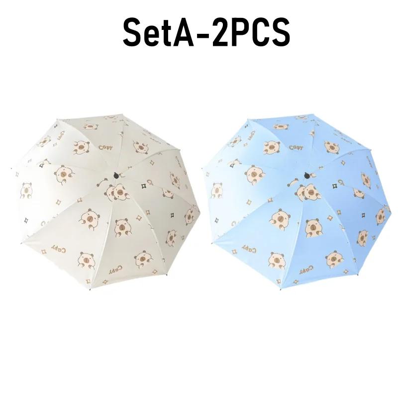 Girls Capybara Sun Umbrella Portable Foldable Plastic UV Protective Sunshade Dual-Use Cute Design for Outdoor Travel