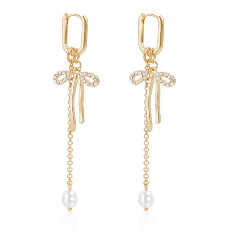Korean Tassels Bowknot Ear Studs Earrings For Women Girls Sweet Cool Pearl Drop Earrings Wedding Zircon Gift