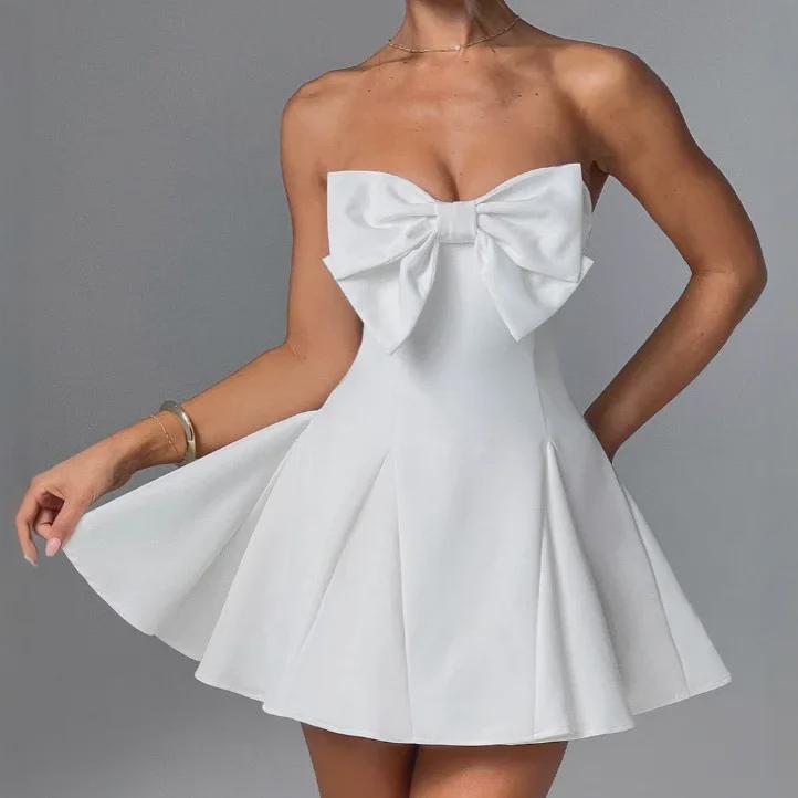 2024 Autumn/Winter Tube Top Bow Skirt - Sweet Style Solid Color Dress