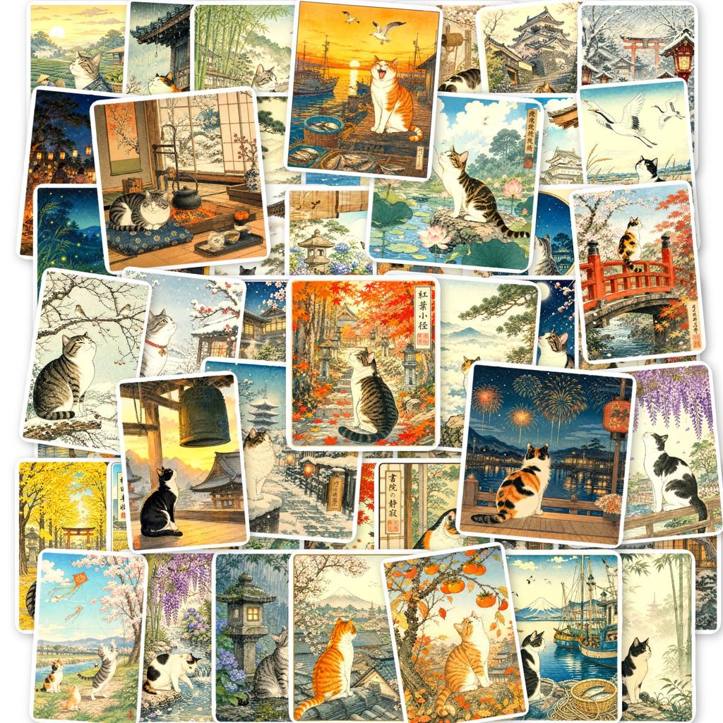 50Pcs/Set Ukiyoe Cats . Vintage Japanese Art Stickers DIY Fashion Doodle Decals Stickers