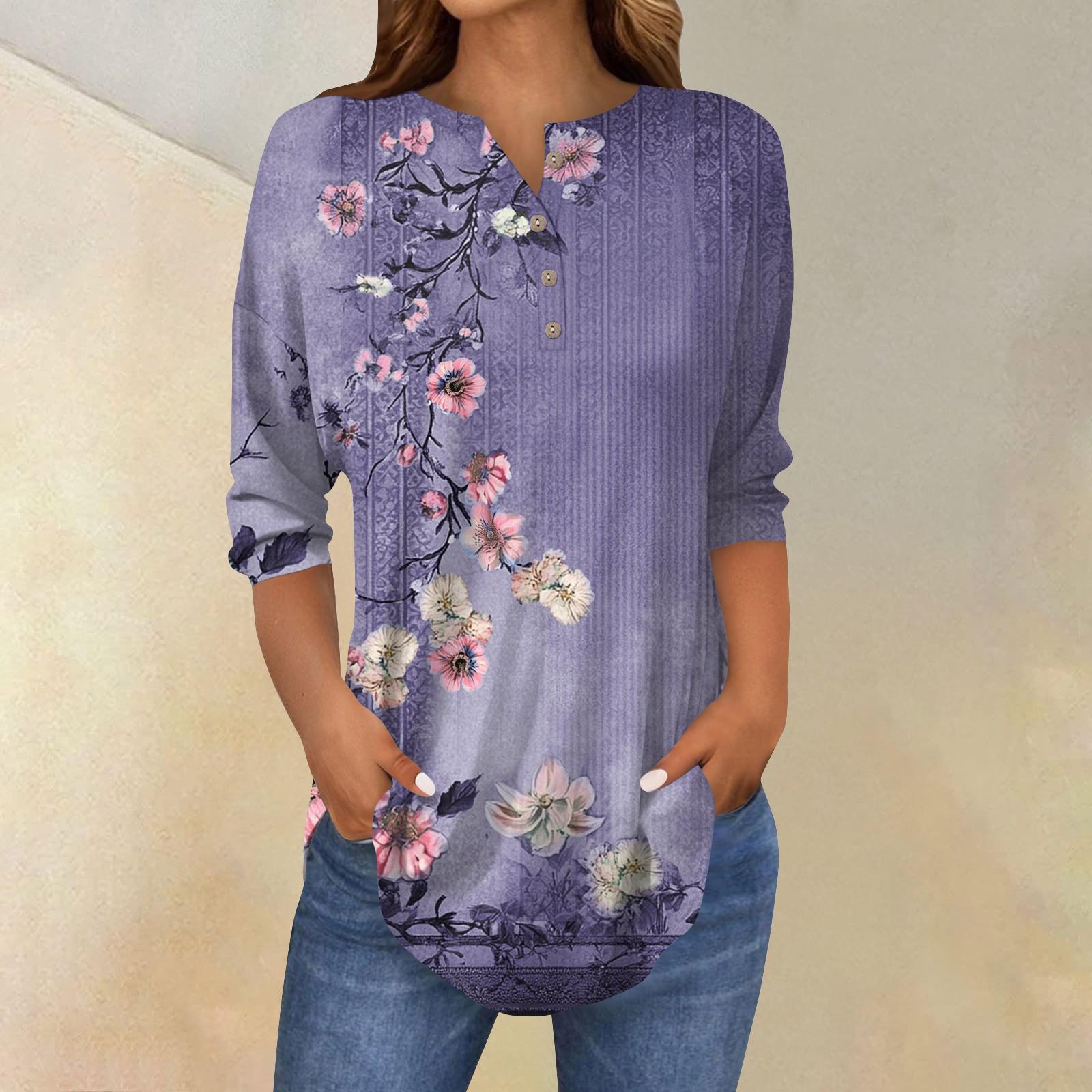 

Жіноча футболка з вінтажним квітковим принтом і три чверті з коміром із ґудзиками XXL фіолетовий