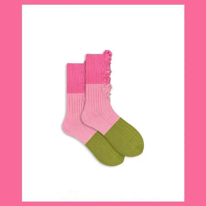 

Perforated Beggar Color-blocking Socks for Women s Fashion, Versatile Color-blocking and Patchwork Socks, Mid-calf Socks 1 pair зелёный/розовый