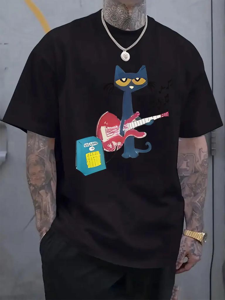 Rockstar Black Cat Graphic T-shirt - Casual Short Sleeve Round Neck Tee with Music Notes & Guitar Design