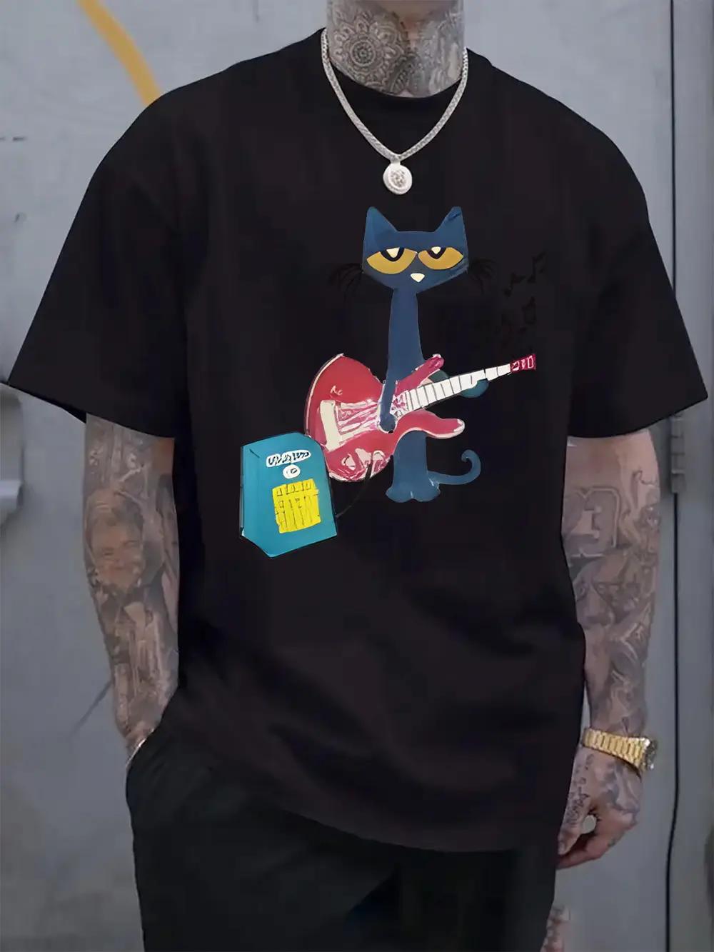 Rockstar Black Cat Graphic T-shirt - Casual Short Sleeve Round Neck Tee with Music Notes & Guitar Design M