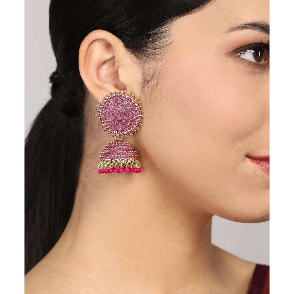 Women's Jewellery Earrings For Women Traditional Gold Plated Floral Golden Pink Jhumkas Pearl Studded Drop Earrings For Women Gift For Sister