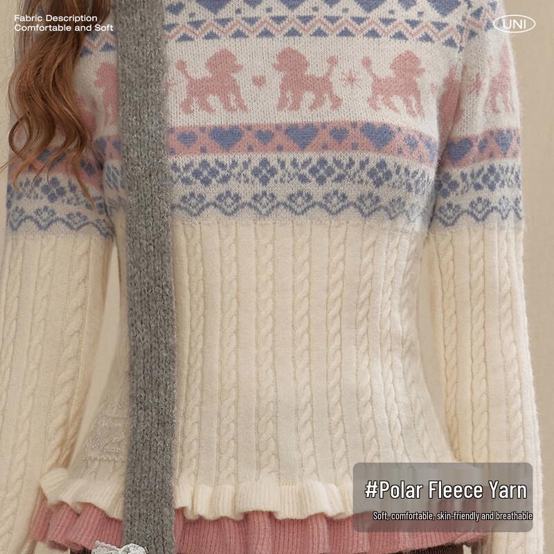 UNIFREE Fair Isle Ruffle Trim Long Sleeve Sweater