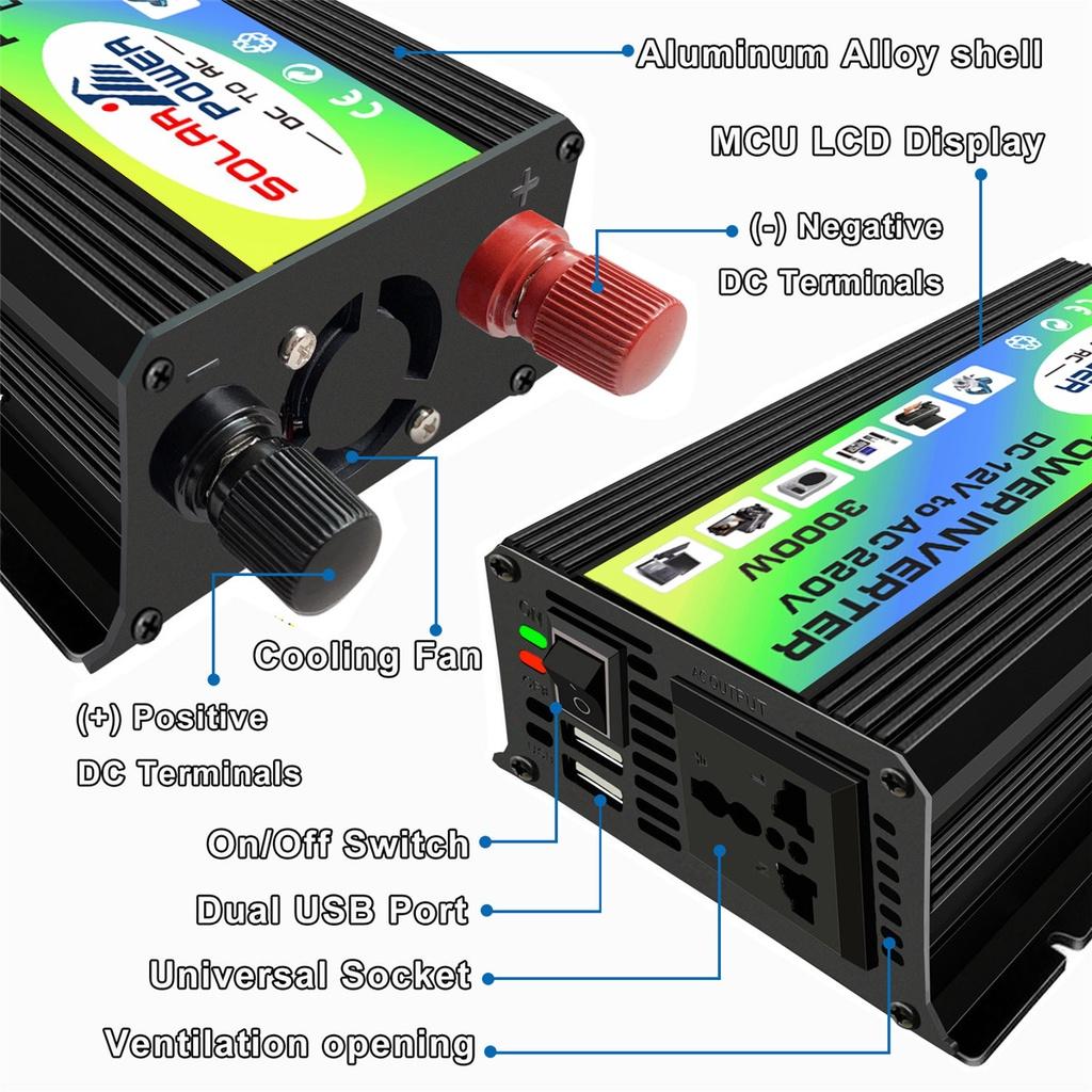 3000W DC12V zu AC 220V Auto Stromrichter Konverter Ladegerät Adapter Dual-USB Spannungswandler Konverter Modifizierter Sinuswellen-Wechselrichter