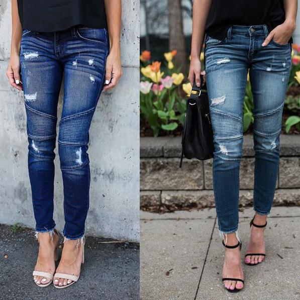 

European & American Slim Elastic Ripped Denim Jeans for Women - Pencil Fringe, Pleated, Small Leg Design Small темно-синього кольору