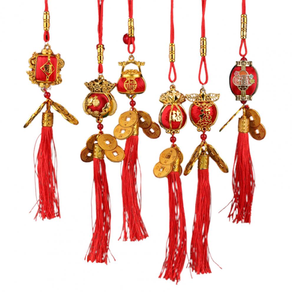 Red Chinese Lanterns Mini Decorative Lucky Hanging Lanterns Decoration with Coins And Tassel for Spring Festival Home Decor