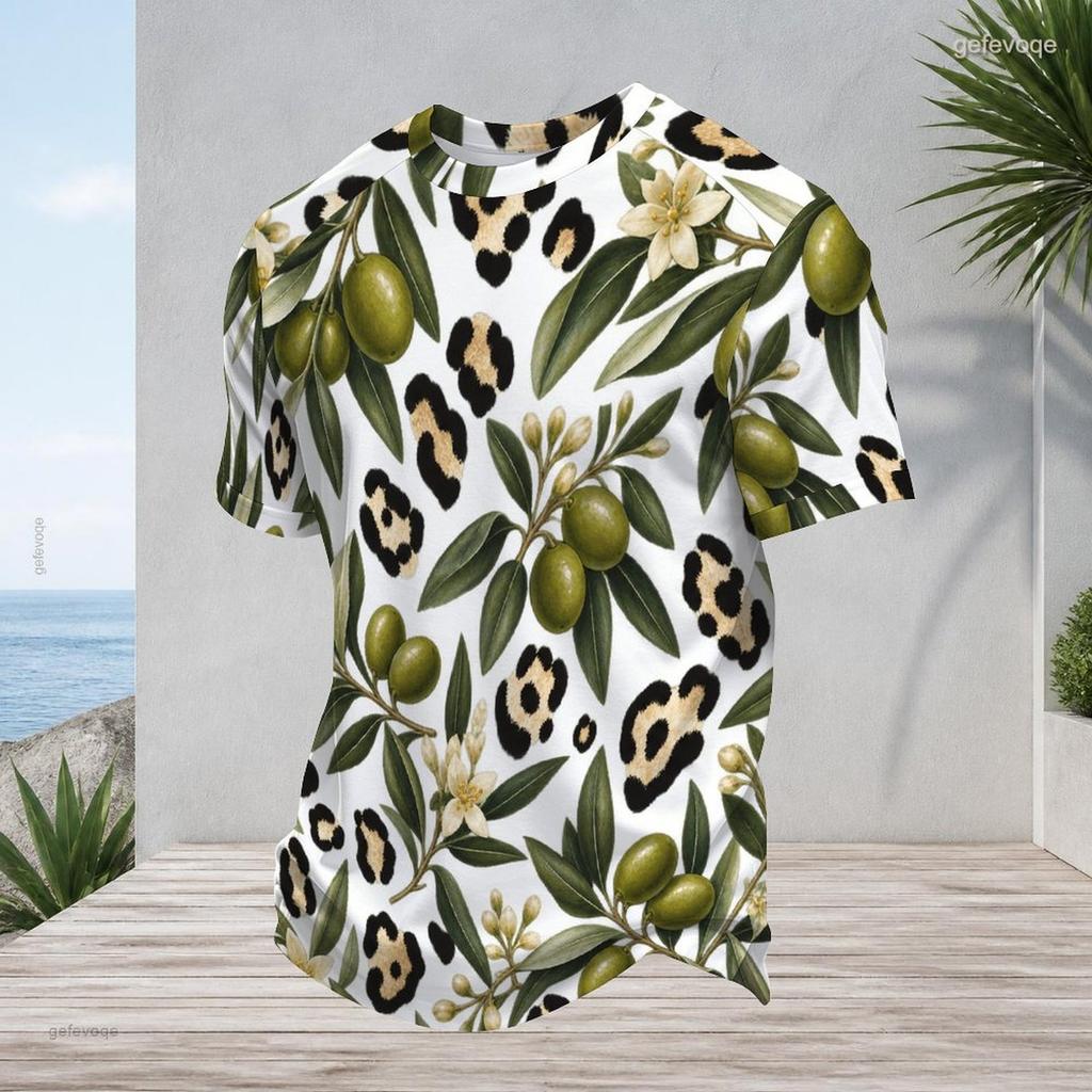 Mens Plus Size Round Neck Raglan Short Sleeve Olive Leopard Printed T Shirt