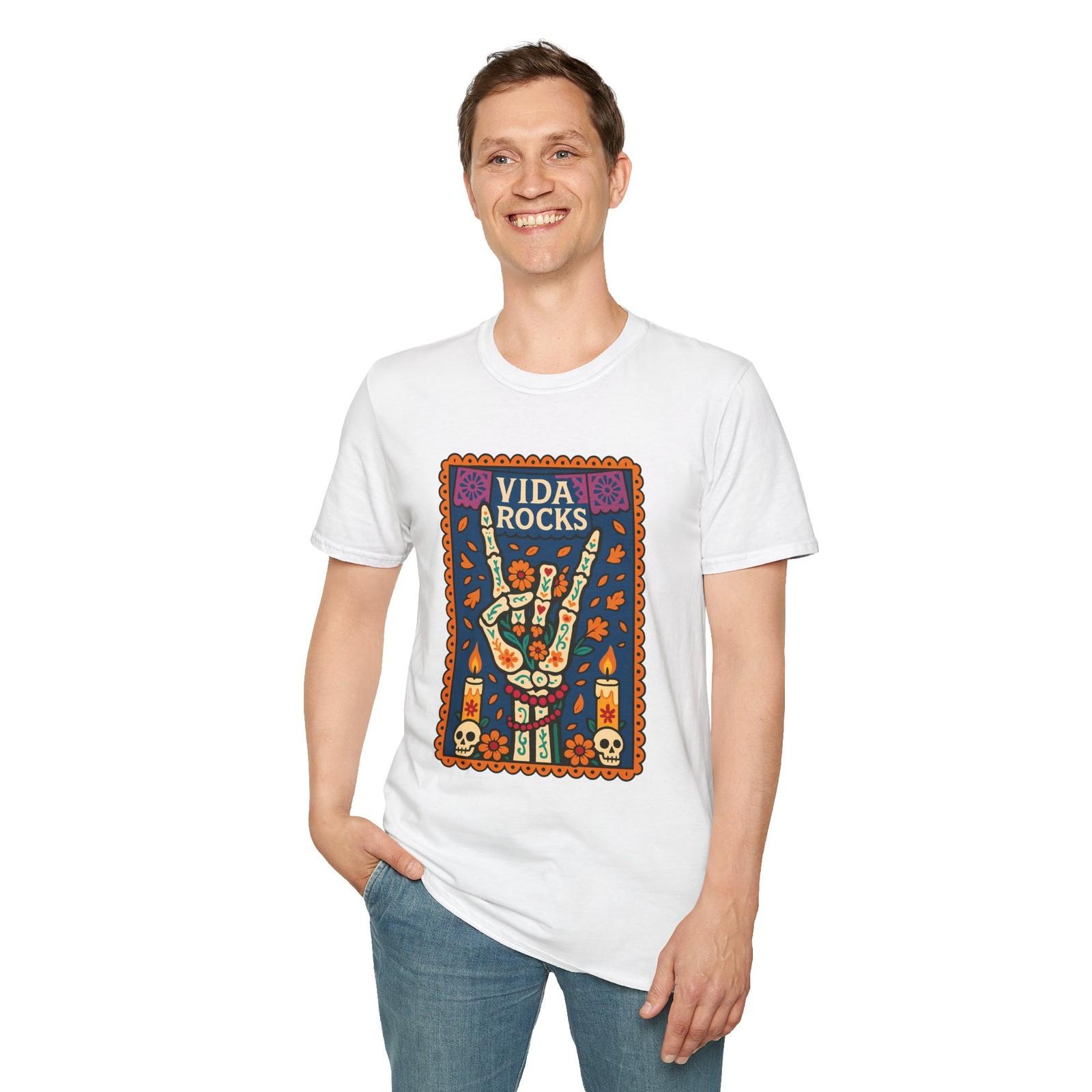 Unisex Softstyle T-Shirt Skeleton Hand Rock Horns Day Dead Sugar Skull Marigold S