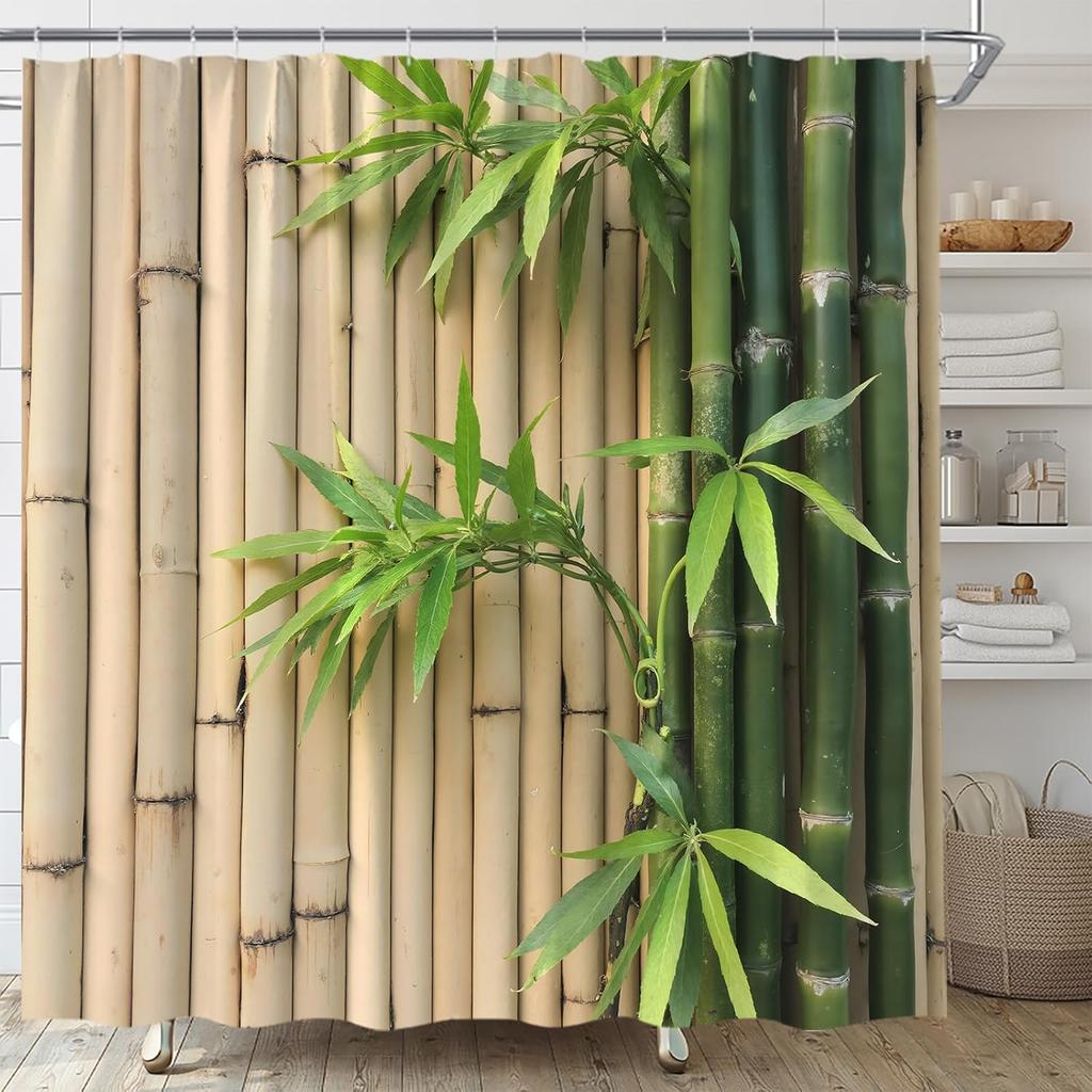 Bamboo Shower Curtain Green Leaf Zen Spa Japanese Asian Nature Rustic Farmhouse Bathroom Curtain Fabric with Hooks(70" WX70 H)