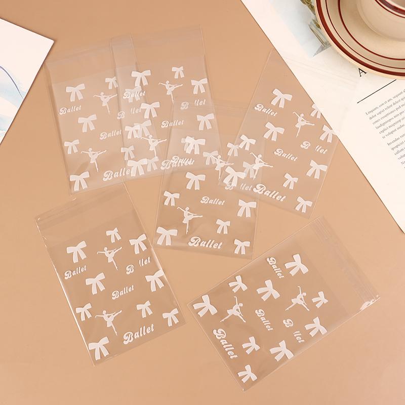50Pcs White Ballet Biscuit Opp Self-Adhesive Bag Bowknot Candy Chocolates Dessert Self Sealing Bag Gift Bag Card Storage Bag
