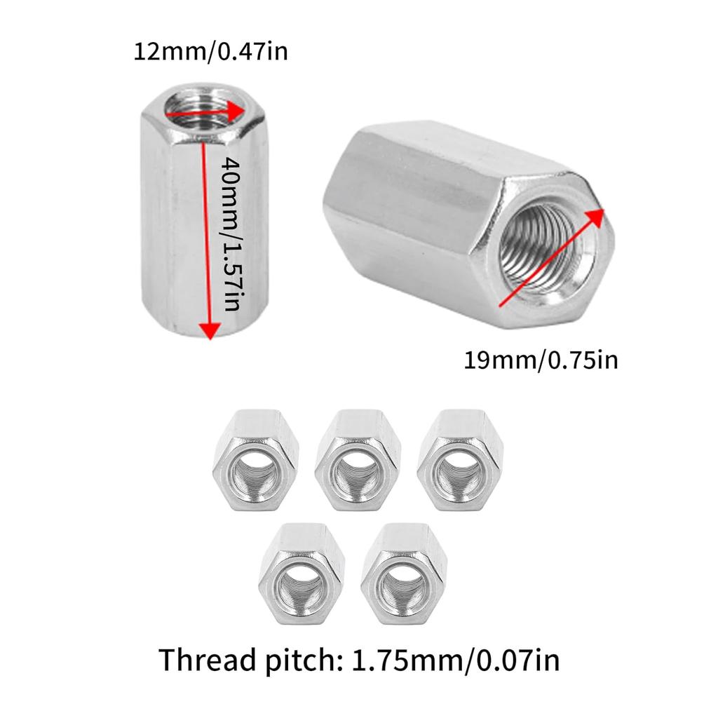 Pack of 5 M12 x 1.75-Pitch 40mm Length Metric Hex Coupling Nut 304 Stainless Steel