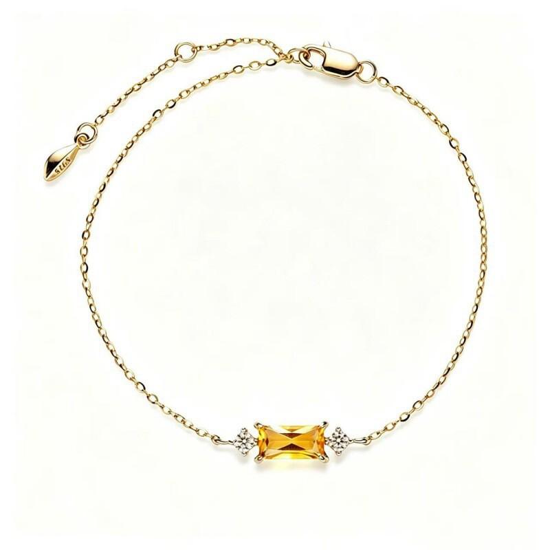 Adjustable Delicate Gemstone Bracelet Women Natural Yellow Quartz Rectangular Cut Gold Tone Natural Citrine, Gold Tone