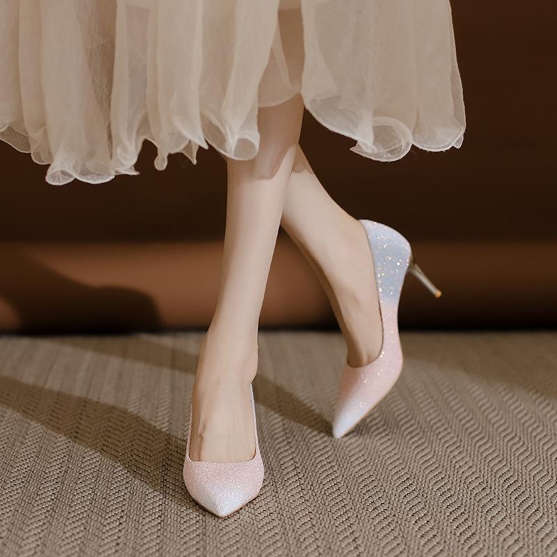 

[Niche models] Sparkling high heels women s pointed head thin heel champagne wedding shoes bridal shoes Xiuhe wedding dress dual-purpose 39
