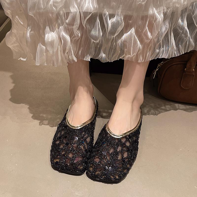 Fashion Glitter Cloth Covered Head Slippers Summer New Square Head Deep Mouth Soft Sole Anti-slip Wear-resistant Flat Shoes