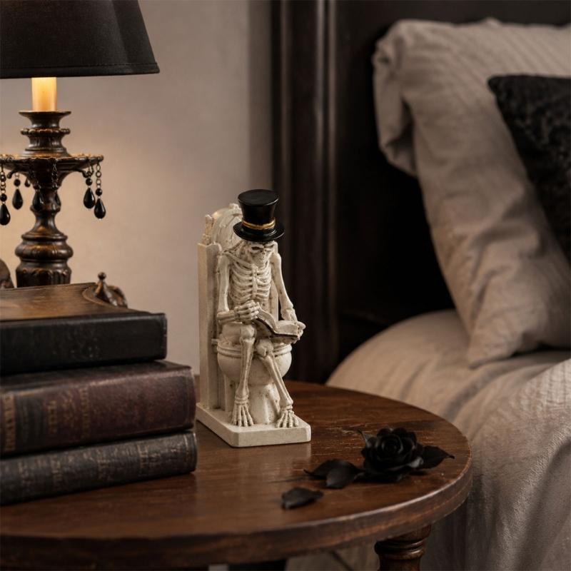 Shelf Display Skull Reader Figure for Desk Accent, Toilet Seat Book Scene, and Dark Humor Room Theme Presentation Piece for Seasonal Use