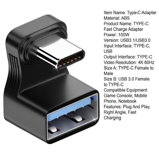 100W Type-C Otg Adapter Shape Resolution 10Gbps Data High Speed 4K Transfer U 180 Degree Angled
