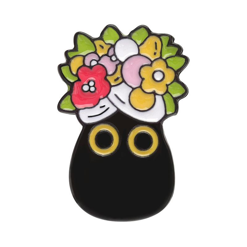 Cute Cat Black Brooch Set With Delightful Floral And Plant Motifs Perfect For Fall Fashion