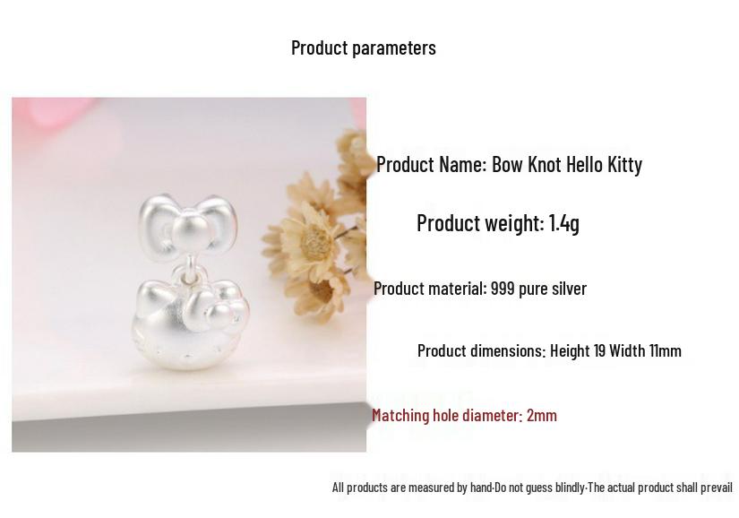 Sterling Silver Hello Kitty Pendant Charm with 999 Fine Silver Bow and Beaded Cartoon Cat Design