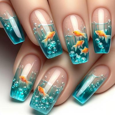 Bunte Meeres-Goldfisch-Nagelkunst-Aufkleber: Traumhaftes Licht- und Schattendesign