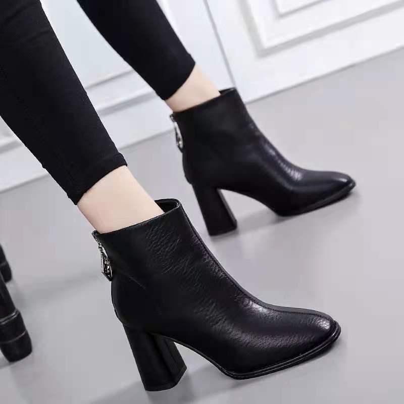 Women's High Heel Ankle Boots: British Style, Chunky Heel, Square Toe, Slim Fit – Perfect for Autumn and Winter.