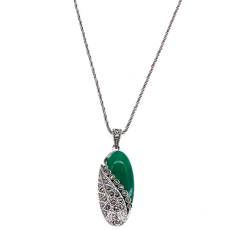 Jade Angel S925 Sterling Silver Chalcedony Cat's Eye Ethnic Retro Pendant Necklace
