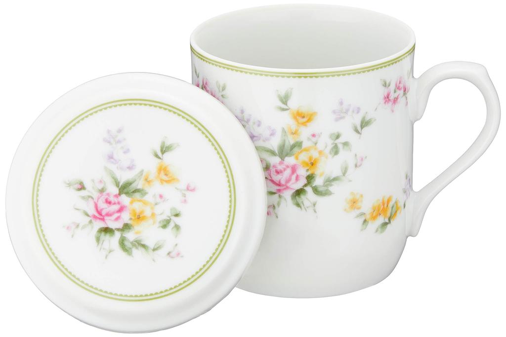 NARUMI Flower Mug with Lid, 290cc, Cute Floral Pattern, Flower Ring Design, Tea Strainer Included, Lidded Mug, Mother's Day Gift, Microwave Safe,