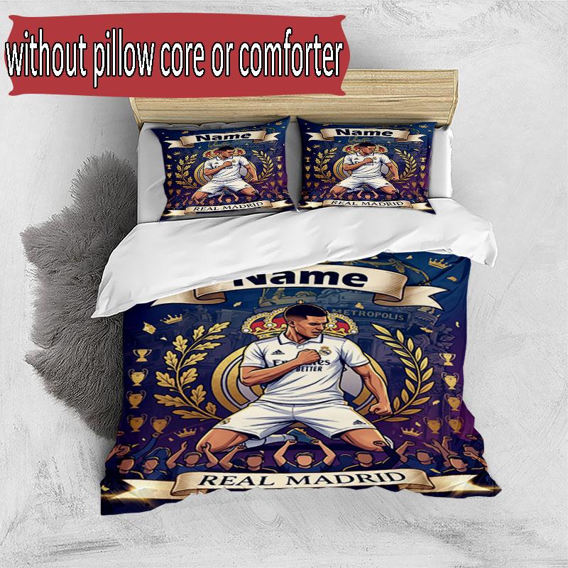 3pcs Duvet Cover Set (1*Duvet Cover + 2*Pillowcase, Without Core), Custom Name Real Madrid CF Pattern Bedding Set, Home Bedroom Decor Gift