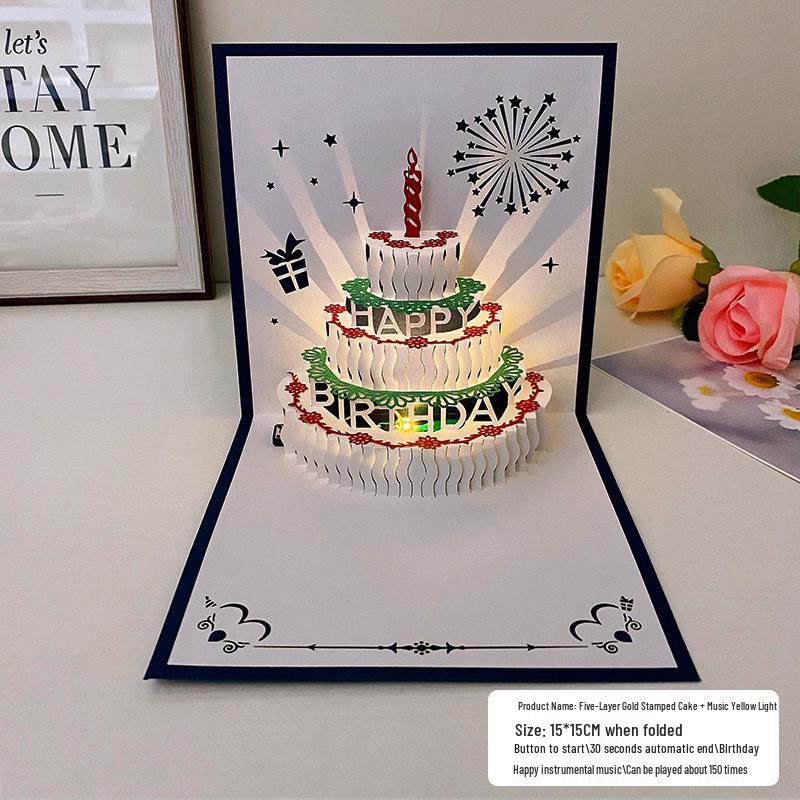 Carte pop-up Gâteau d'anniversaire musical 3D avec lumières colorées et enregistrement