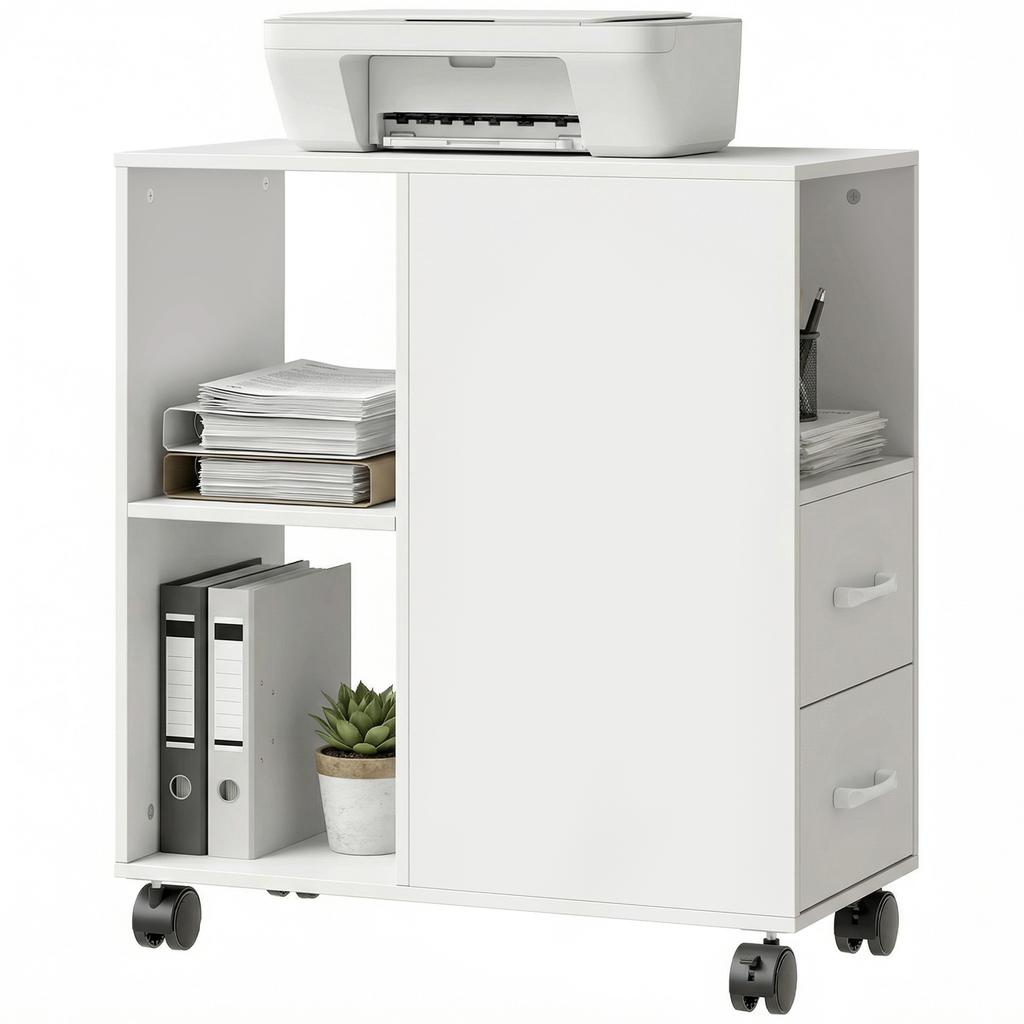 Printer Stand, Rolling Storage Unit, Drawers, Adjustable Shelf, Open Compartment, White
