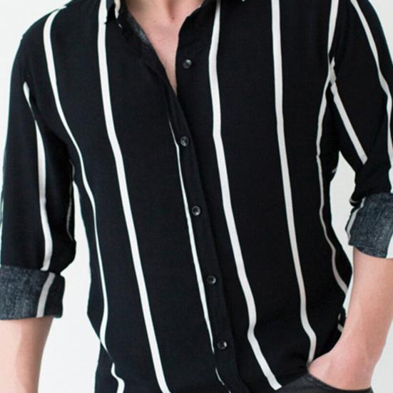Striped Print Men Shirt Turn-down Collar Top Long Sleeve Buttons Closure Business Shirt Male Clothing